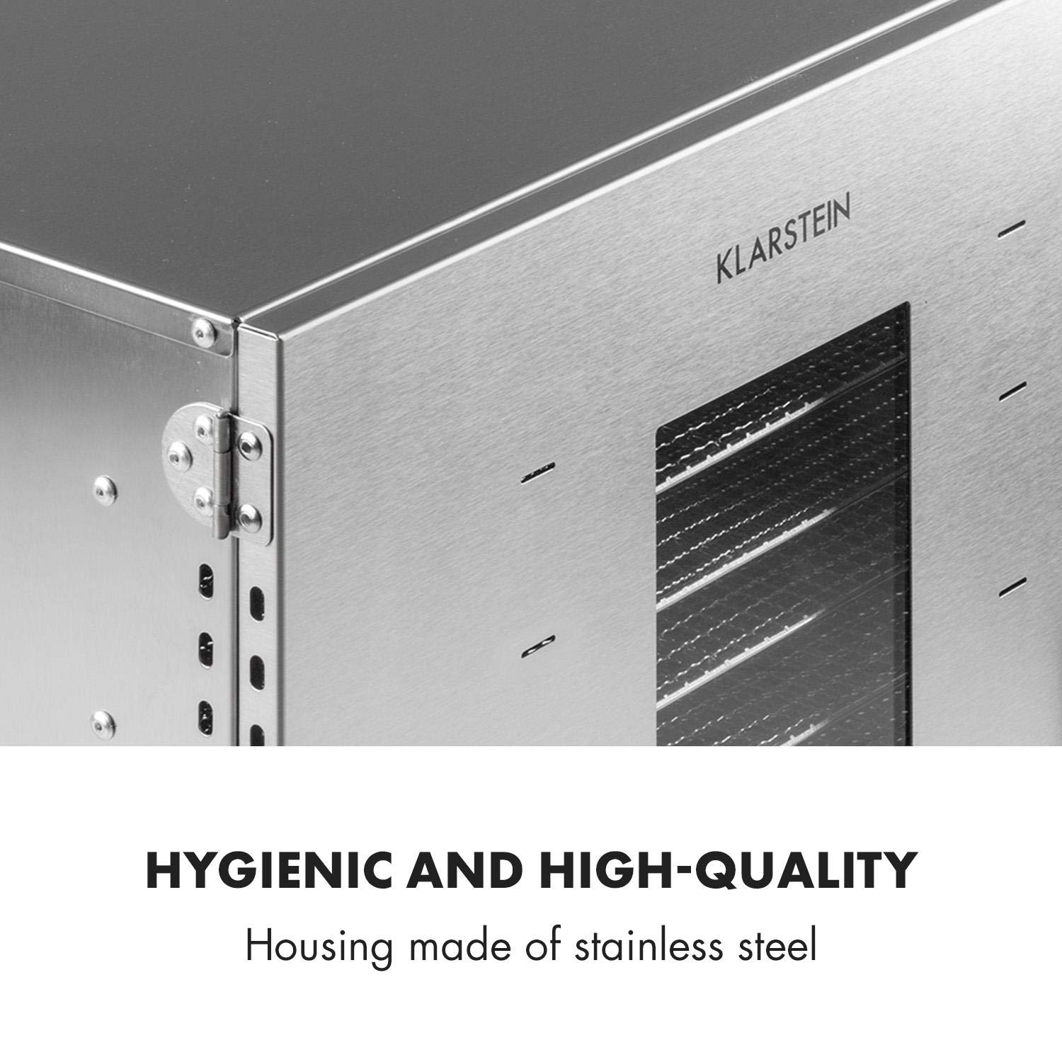 Klarstein Dörrautomat Edelstahl – 4.000-W-Dörrgerät, 48 Edelstahl-Einlegeböden, 30–90 °C, 24-Stunden-Timer, 6 Ventilatoren, 2 Trockenkammern, 50–55 dB, ideal für Obst, Gemüse, Fleisch, Kräuter, Silber
