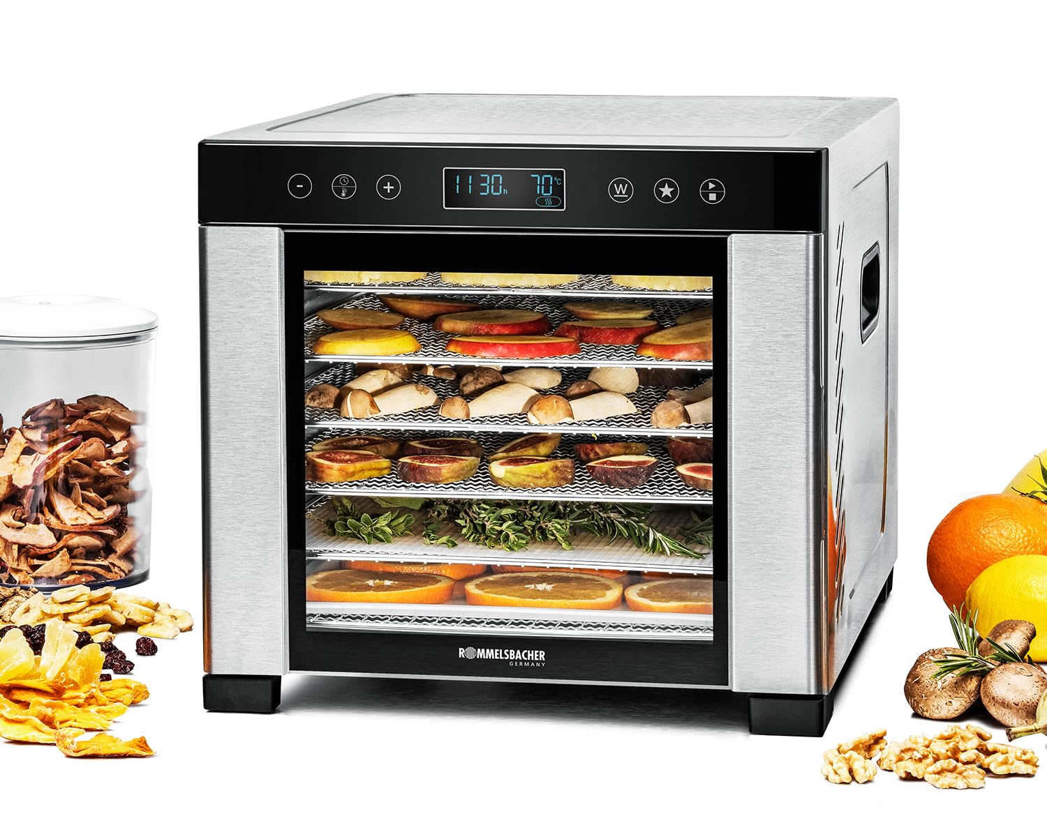 ROMMELSBACHER Dörrautomat DA 1000, XXL-Dörrfläche 1,6 m², inkl. 10 Edelstahl-Dörrtabletts, 2 Dörrgitter, 2 Dörrmatten, LED-Display, 24 Std. Zeitschaltuhr, Temperatur einstellbar (35 °C – 75 °C)