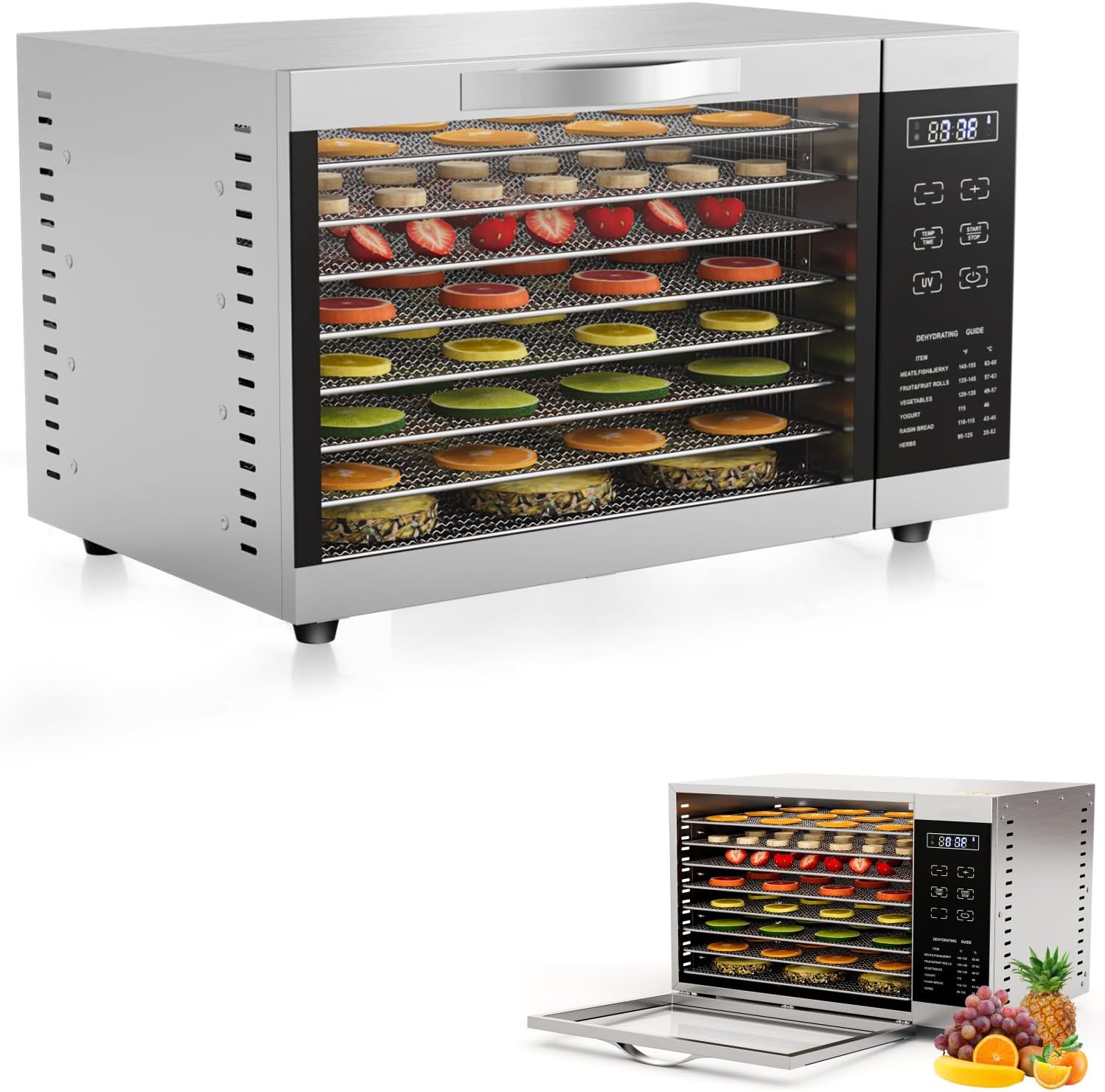 RELAX4LIFE Dörrautomat Edelstahl, Dörrgerät Temperatur einstellbar 30-70℃, Food Dehydrator inkl. 8 Edelstahl-Dörrtabletts, Touch-Display, 24 Std, für Lebensmittel Fleisch Früchte Gemüse