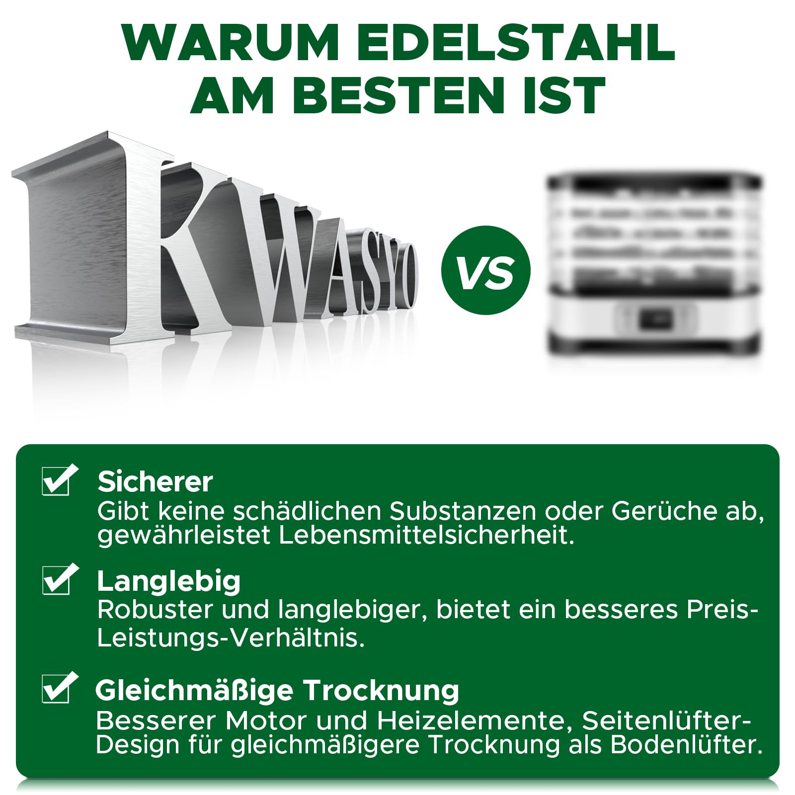 Kwasyo Dörrautomat Edelstahl Trockenkapazität 3,8 kg Rindfleisch, 0,67 m² Trockenfläche, 8 Edelstahl-Dörrtabletts (28x30 cm), 35-85°C Dörrgerät für Hundeleckerlis, Kräuter, Fleisch, Obst, Joghurt