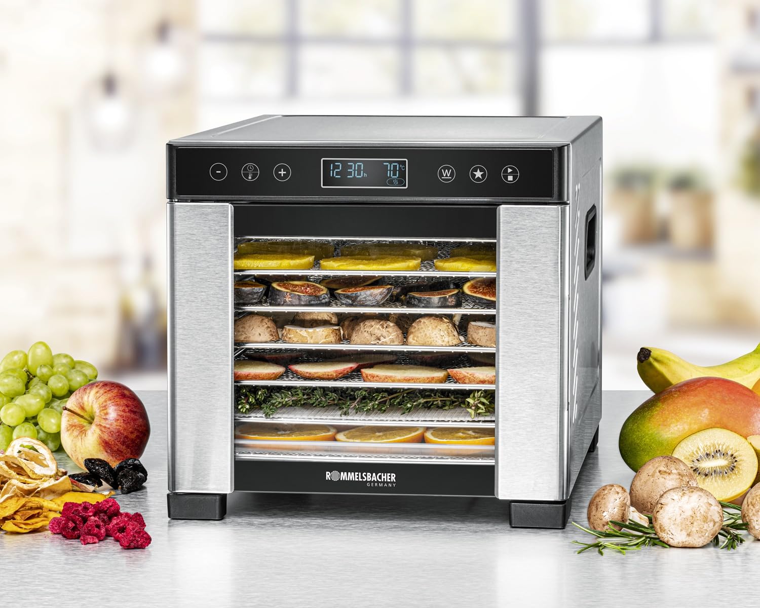 ROMMELSBACHER Dörrautomat DA 1000, XXL-Dörrfläche 1,6 m², inkl. 10 Edelstahl-Dörrtabletts, 2 Dörrgitter, 2 Dörrmatten, LED-Display, 24 Std. Zeitschaltuhr, Temperatur einstellbar (35 °C – 75 °C)